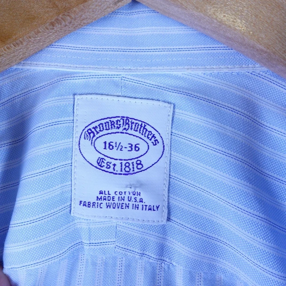 Brooks Brothers Mens 16.5 36 Blue White Striped‎ Cotton Dress Shirt Made in USA